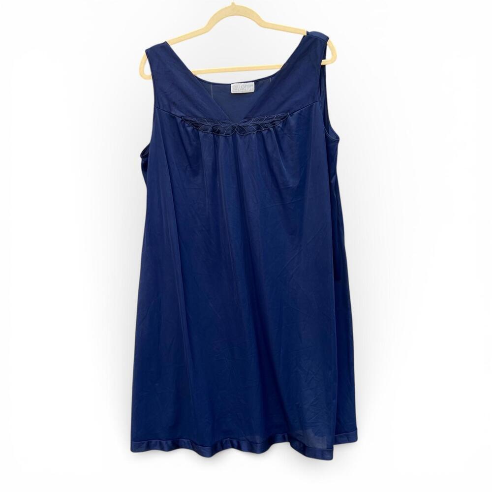 Vintage Vassarette Navy Blue Embroidered Nylon Slip Dress